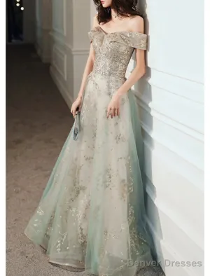A-Line Evening Gown Elegant Dress Wedding Guest Engagement Floor Length Short Sleeve Off Shoulder Tulle With Sequin