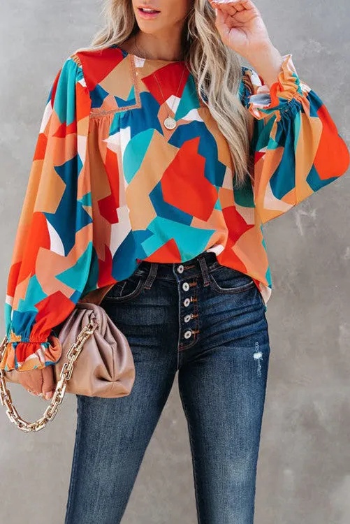 Abstract Balloon Sleeve Top
