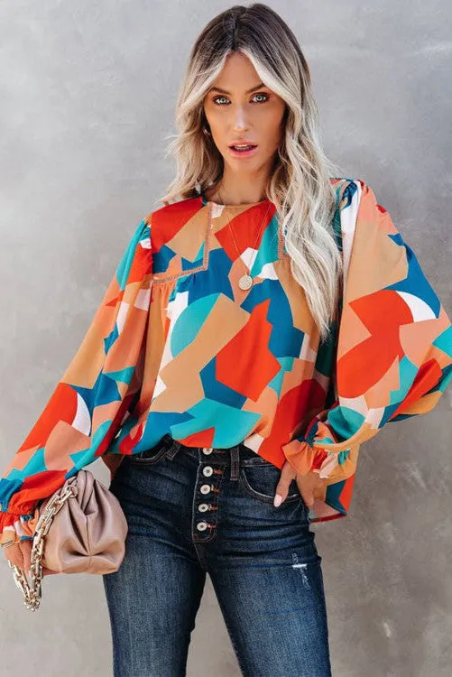 Abstract Balloon Sleeve Top