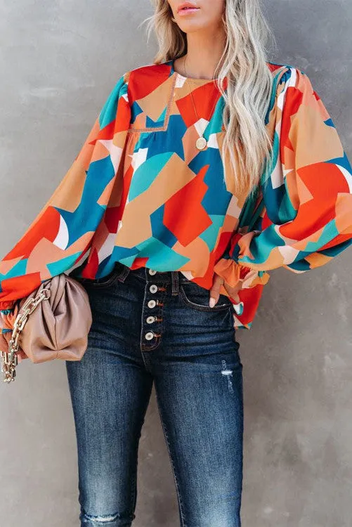 Abstract Balloon Sleeve Top