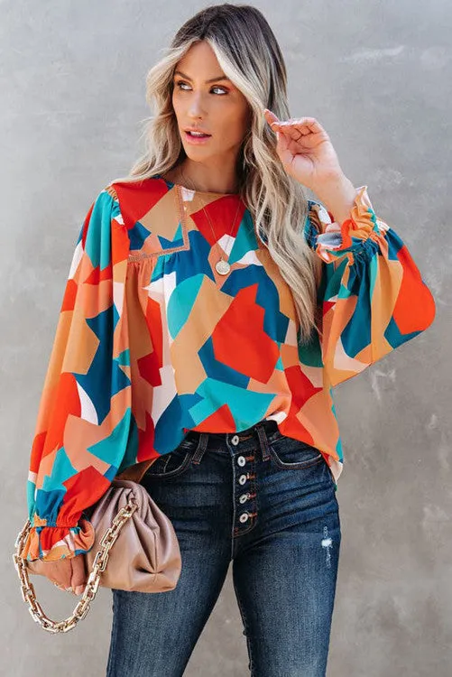 Abstract Balloon Sleeve Top