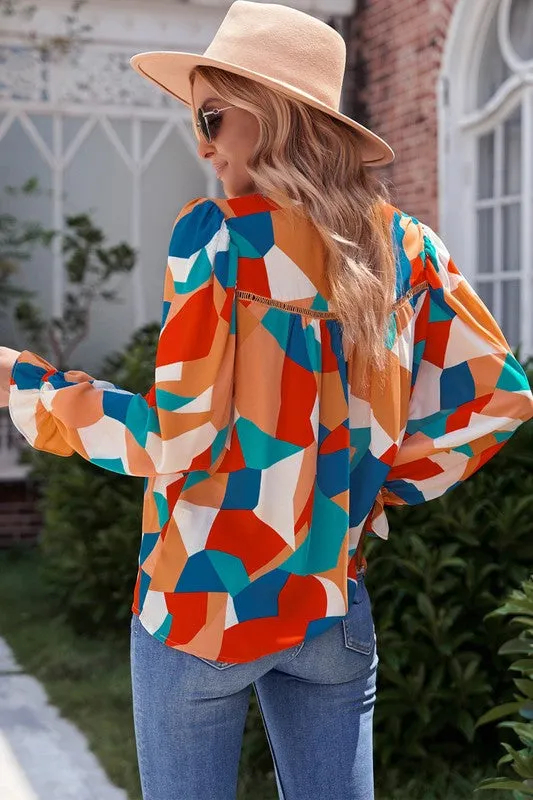 Abstract Balloon Sleeve Top