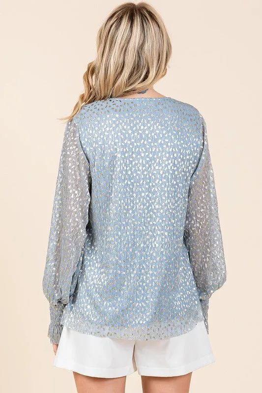 Blue Metallic Glitter Dot Print Pleated Long Sleeve Top