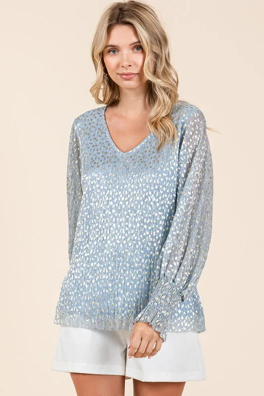 Blue Metallic Glitter Dot Print Pleated Long Sleeve Top
