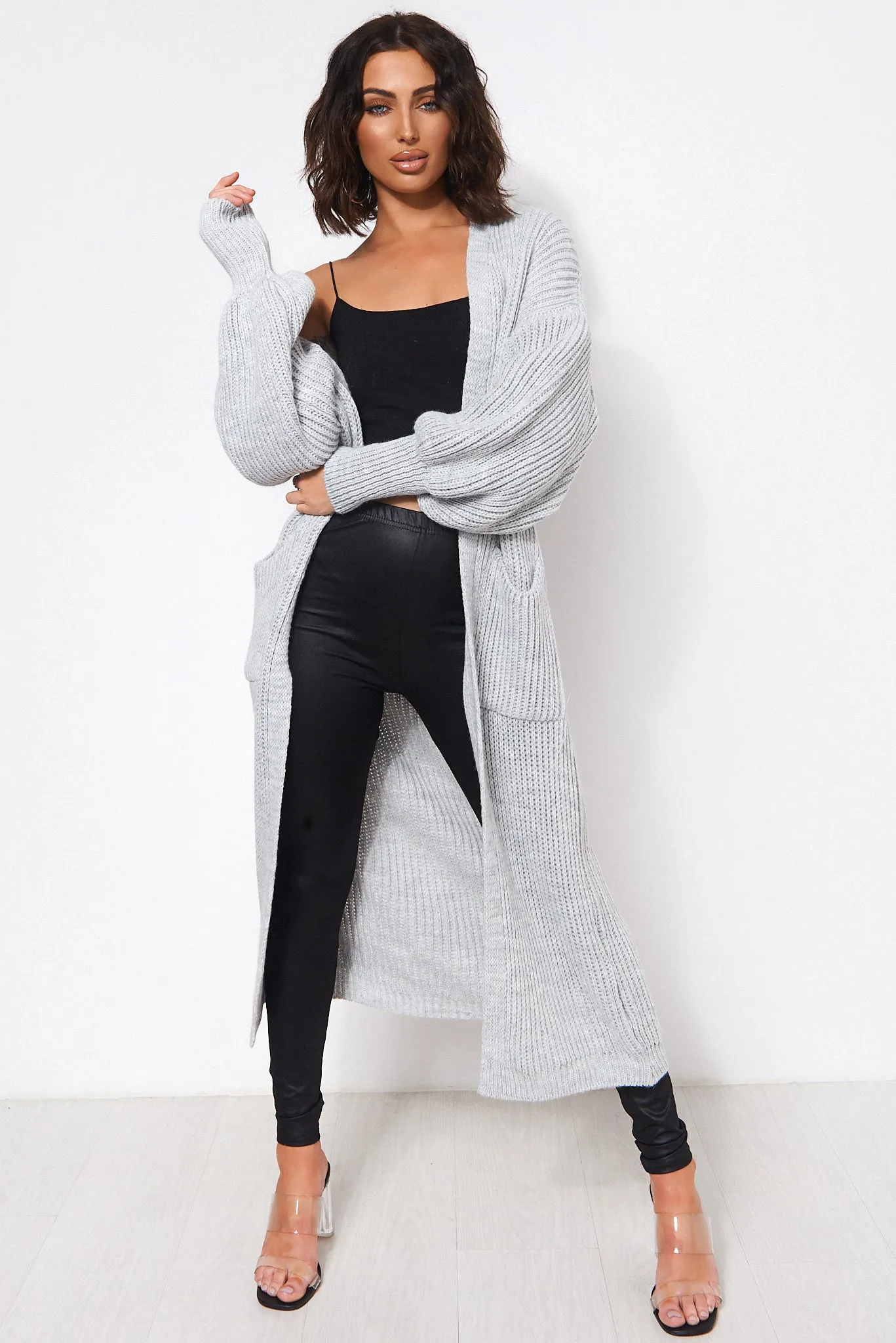 Bren Grey Oversized Balloon Sleeve Long Maxi Cardigan