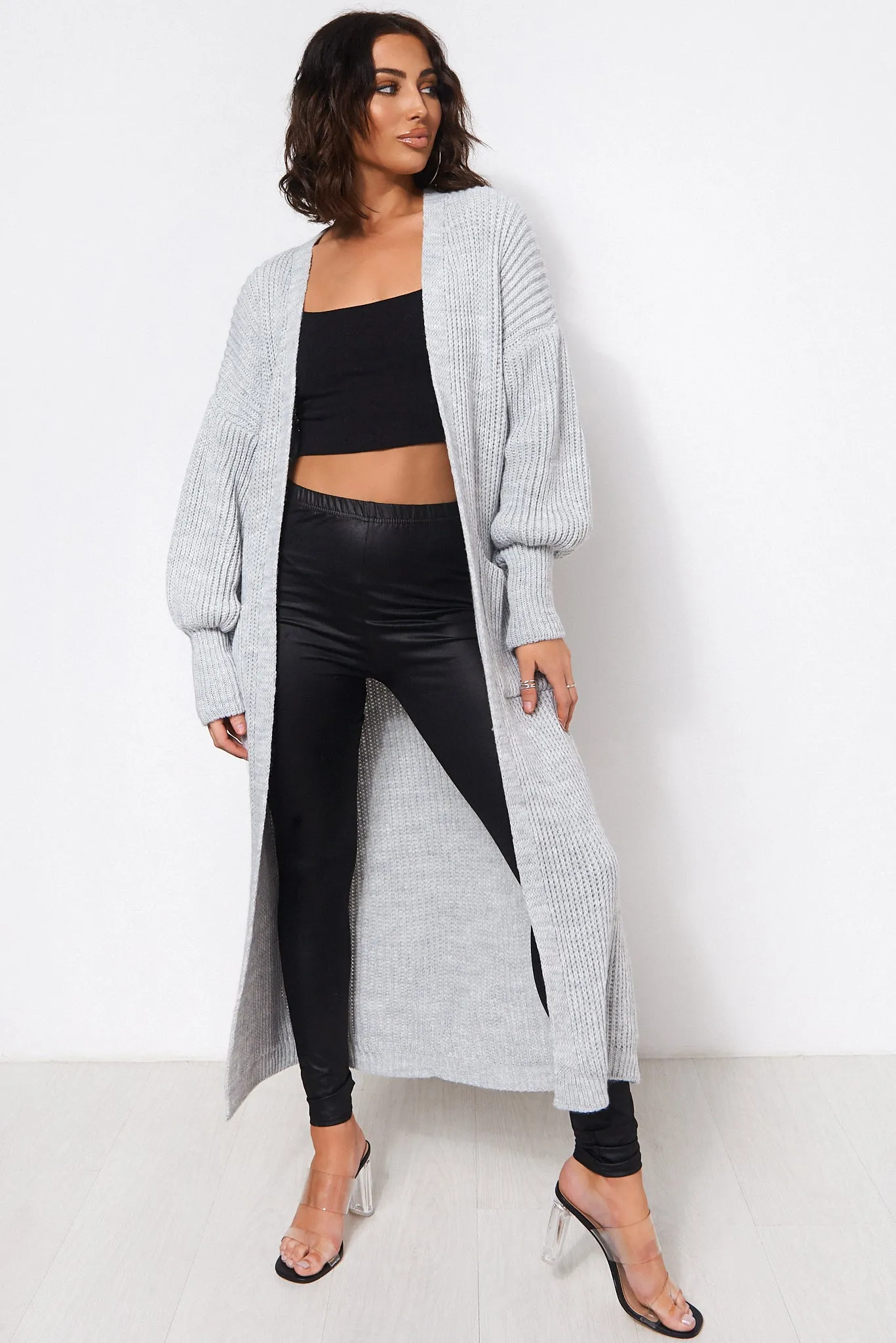 Bren Grey Oversized Balloon Sleeve Long Maxi Cardigan