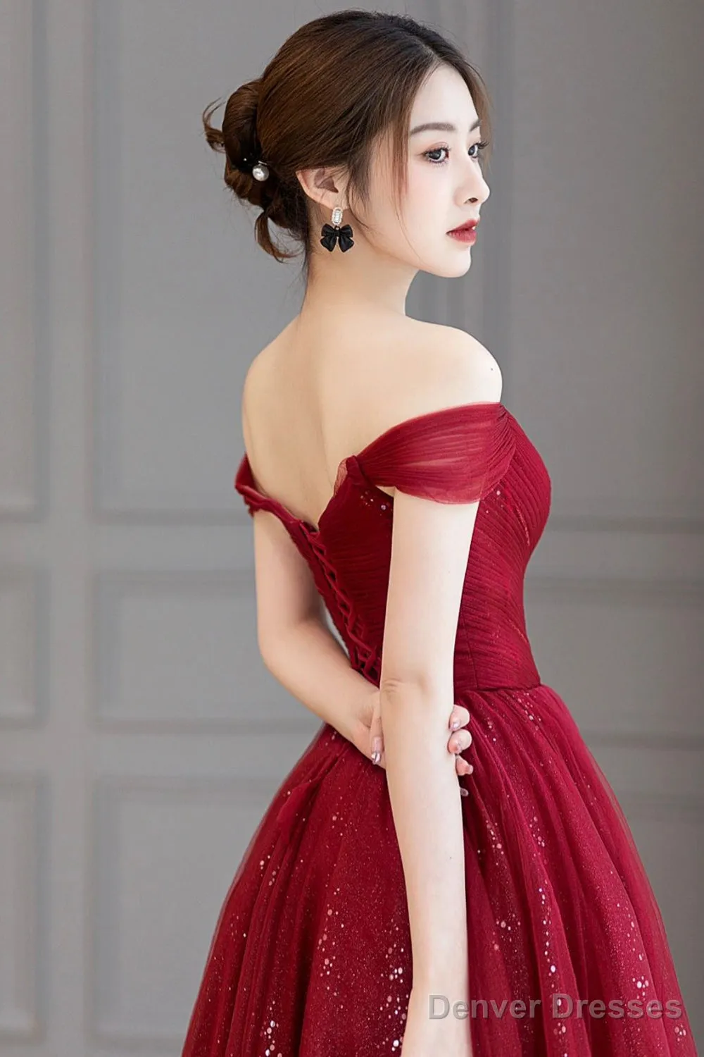 Burgundy Off The Shoulder Long Prom Dress, Elegant Tulle Formal Evening Dress