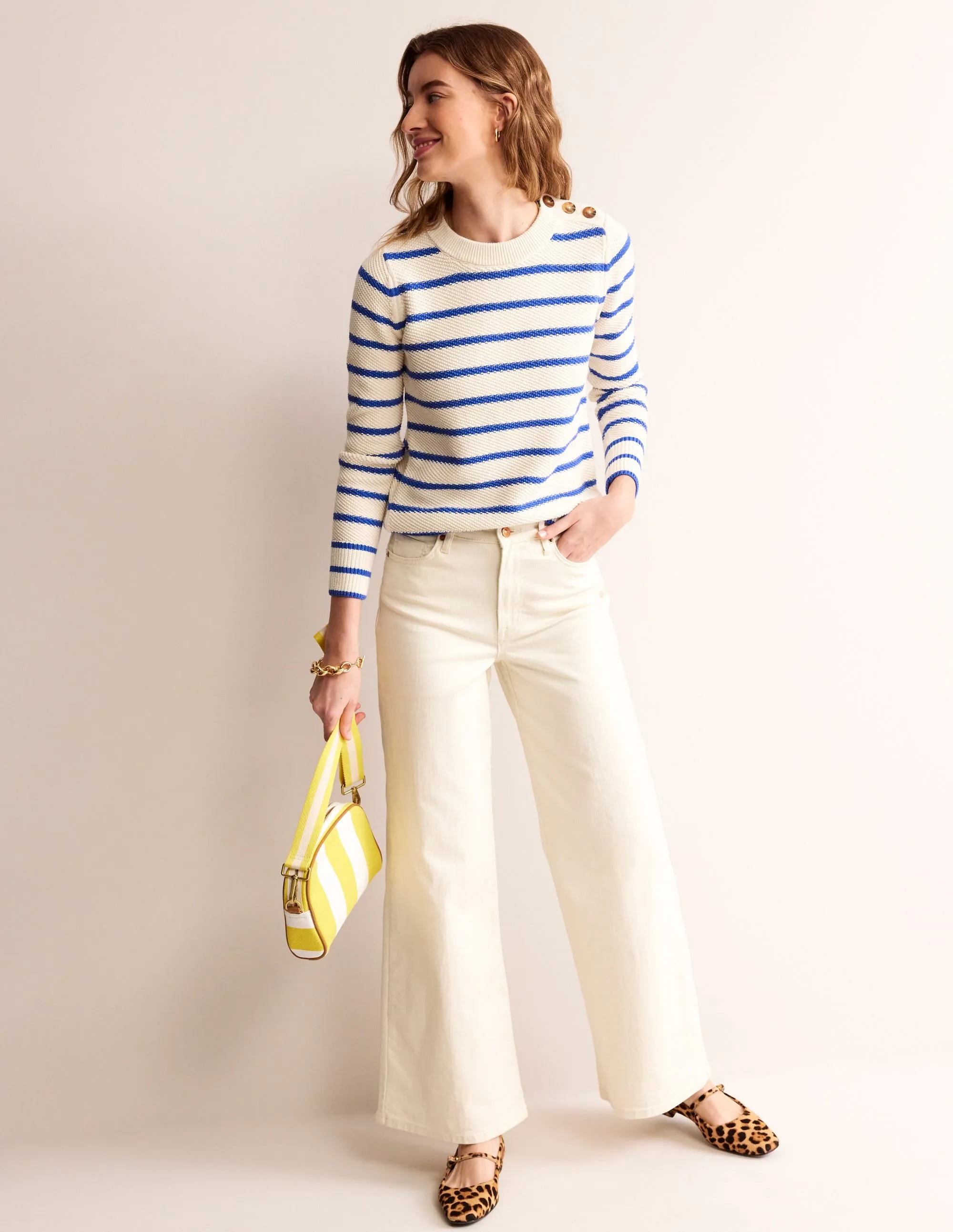 Button Detail Stitch Jumper-Warm Ivory, Island Sapphire