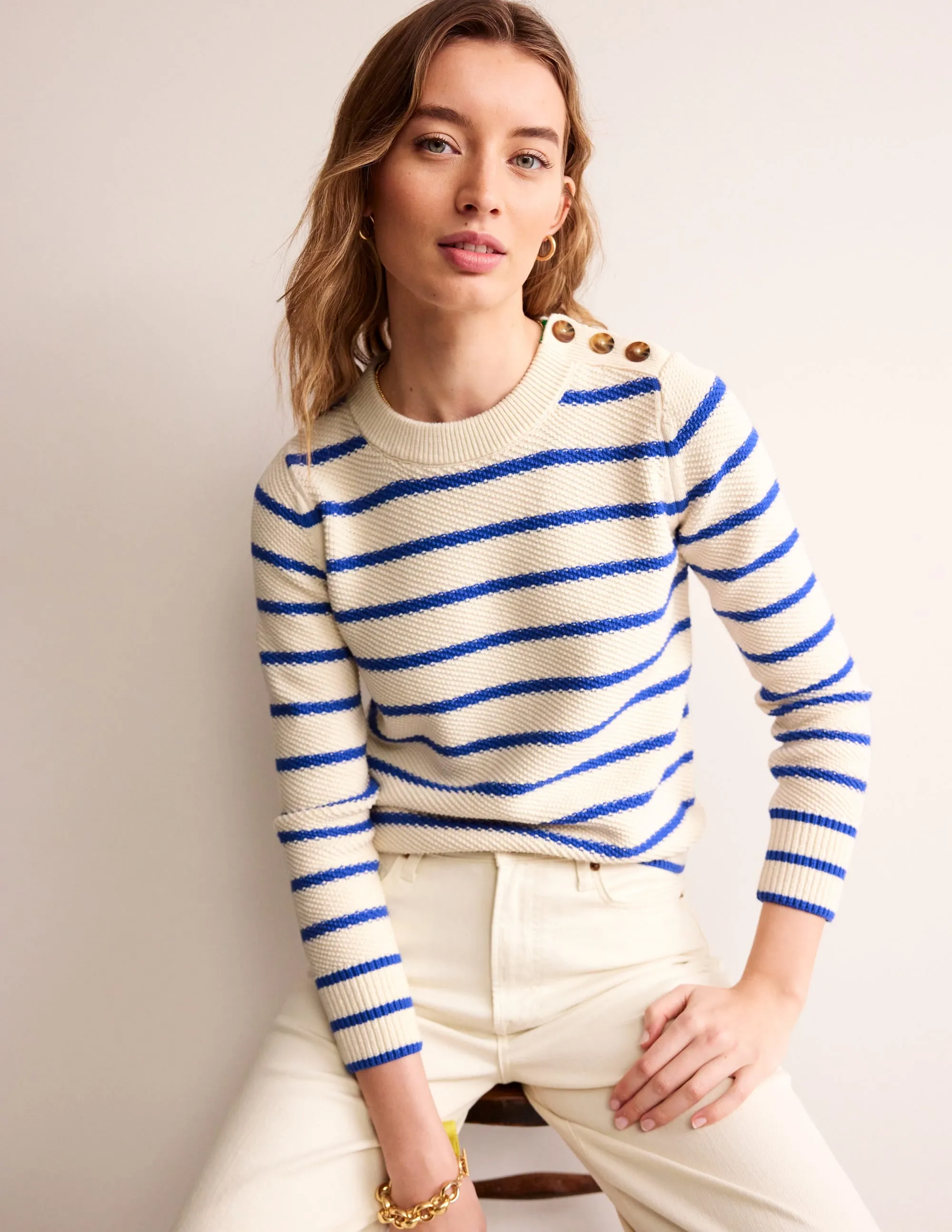 Button Detail Stitch Jumper-Warm Ivory, Island Sapphire