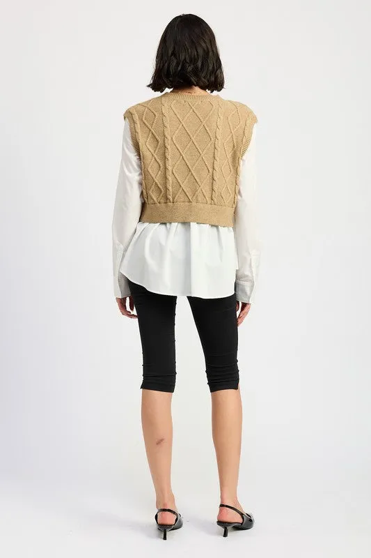 CABLE TWO FER SWEATER TOP