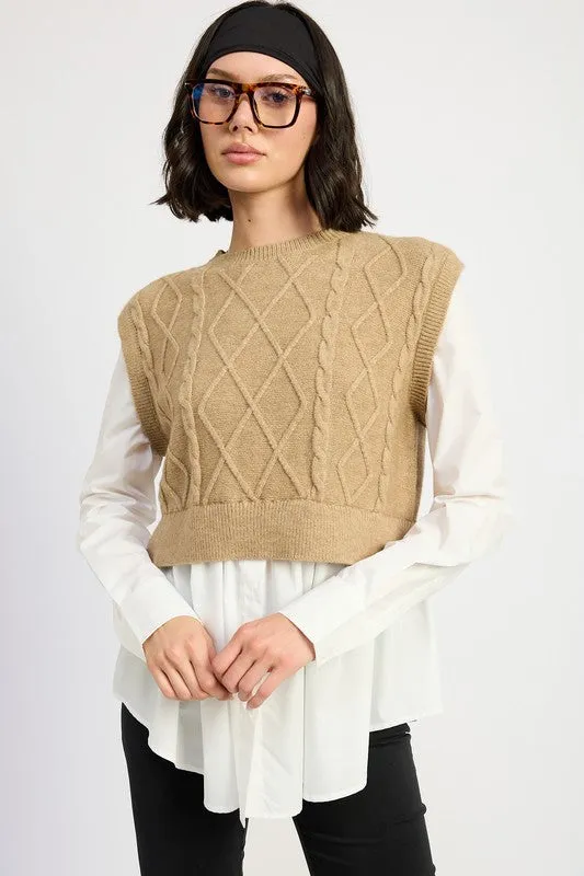CABLE TWO FER SWEATER TOP