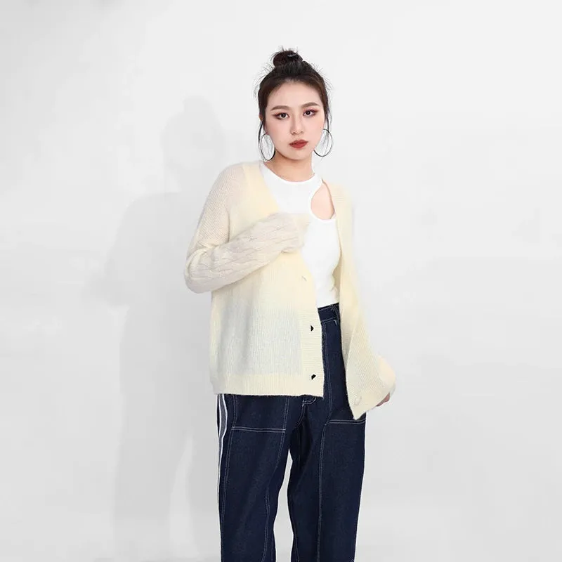 Cardigan V-Neck Long Sleeve Oversized Sweater Button Beige