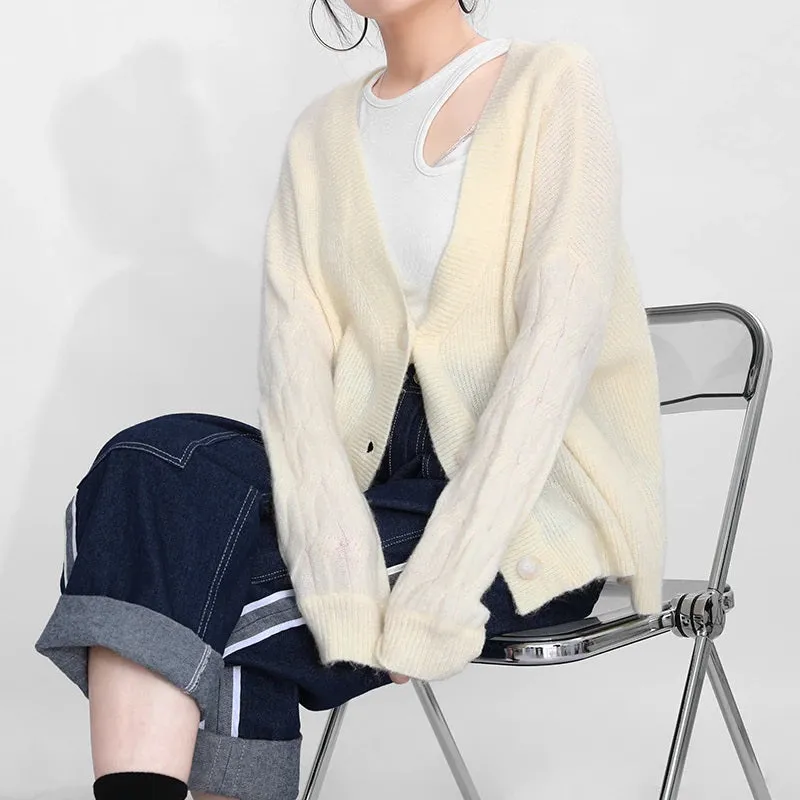 Cardigan V-Neck Long Sleeve Oversized Sweater Button Beige