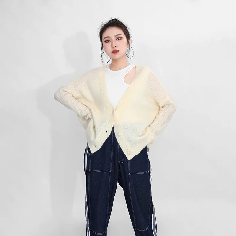 Cardigan V-Neck Long Sleeve Oversized Sweater Button Beige