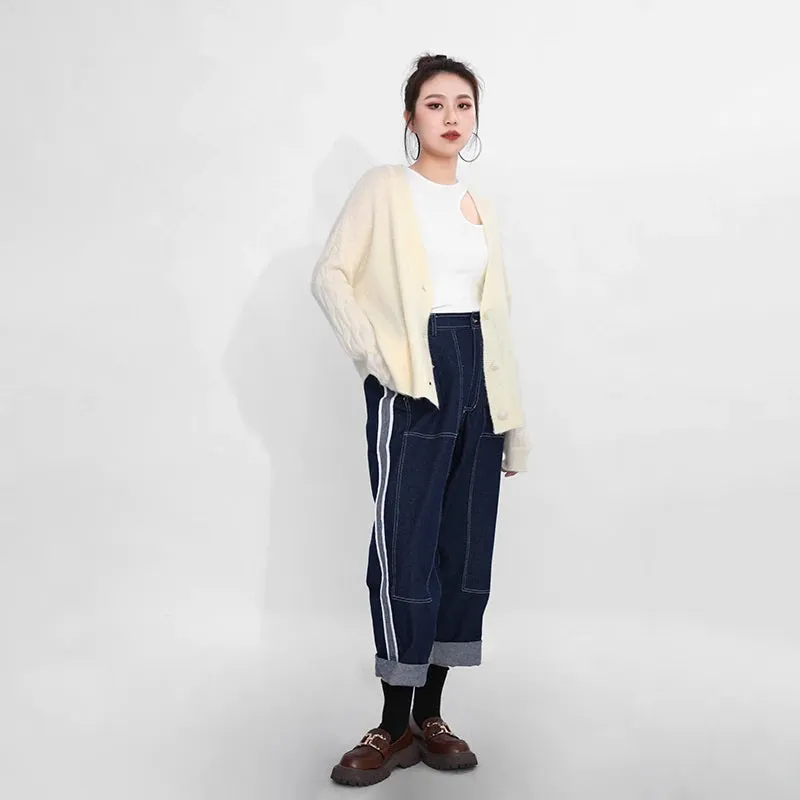 Cardigan V-Neck Long Sleeve Oversized Sweater Button Beige