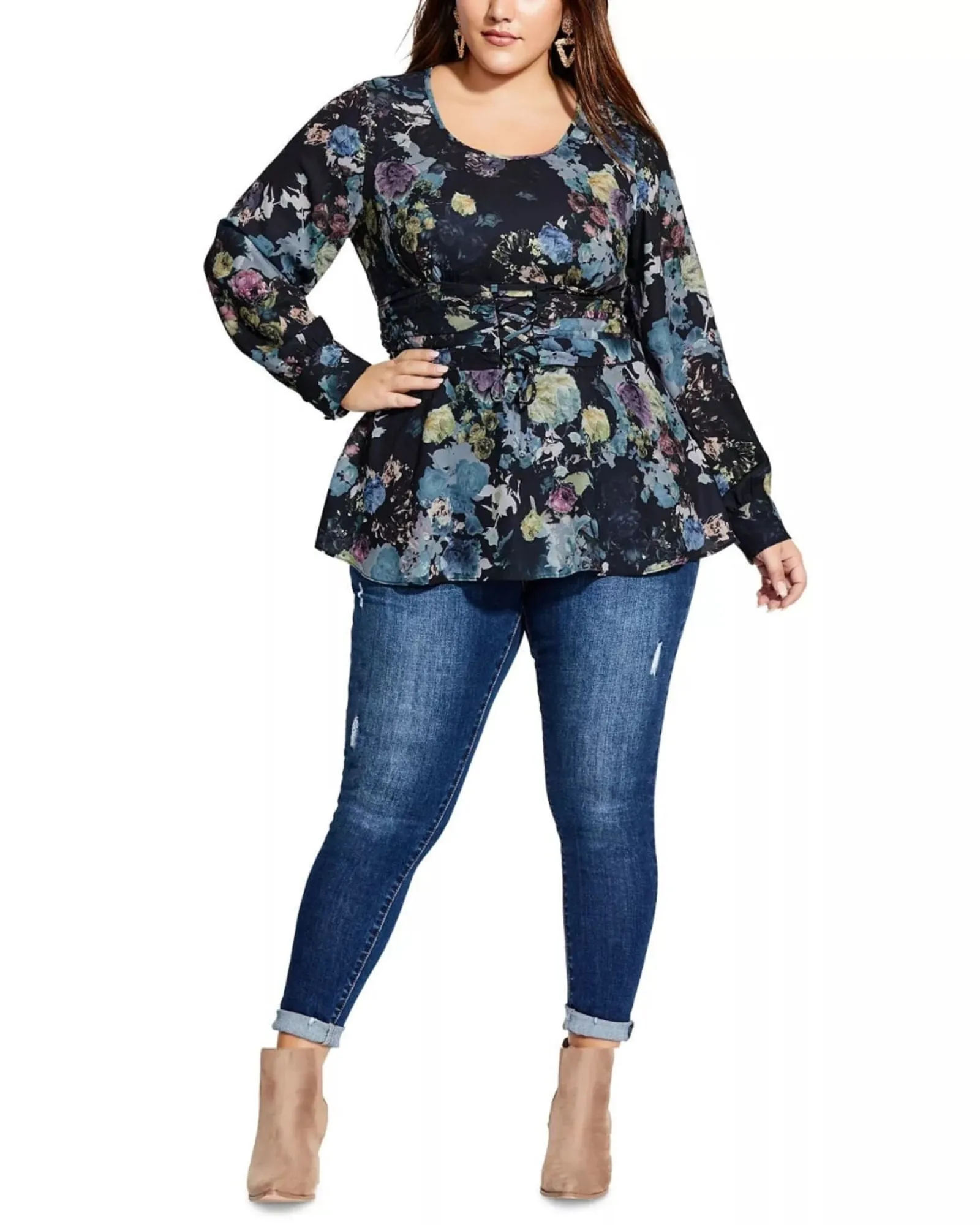 City Chic Women's Plus Lace up Floral Print Top Blue Size Petite Small | Blue