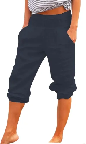 Cotton Linen Capri Pants for Women Casual Summer Loose Comfy Trendy Elastic Waist Cropped Trouser with Pockets