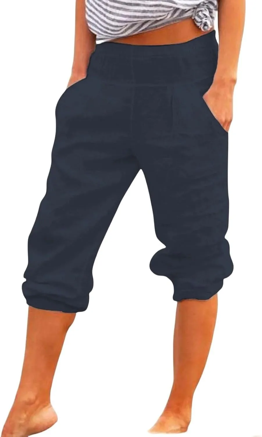 Cotton Linen Capri Pants for Women Casual Summer Loose Comfy Trendy Elastic Waist Cropped Trouser with Pockets