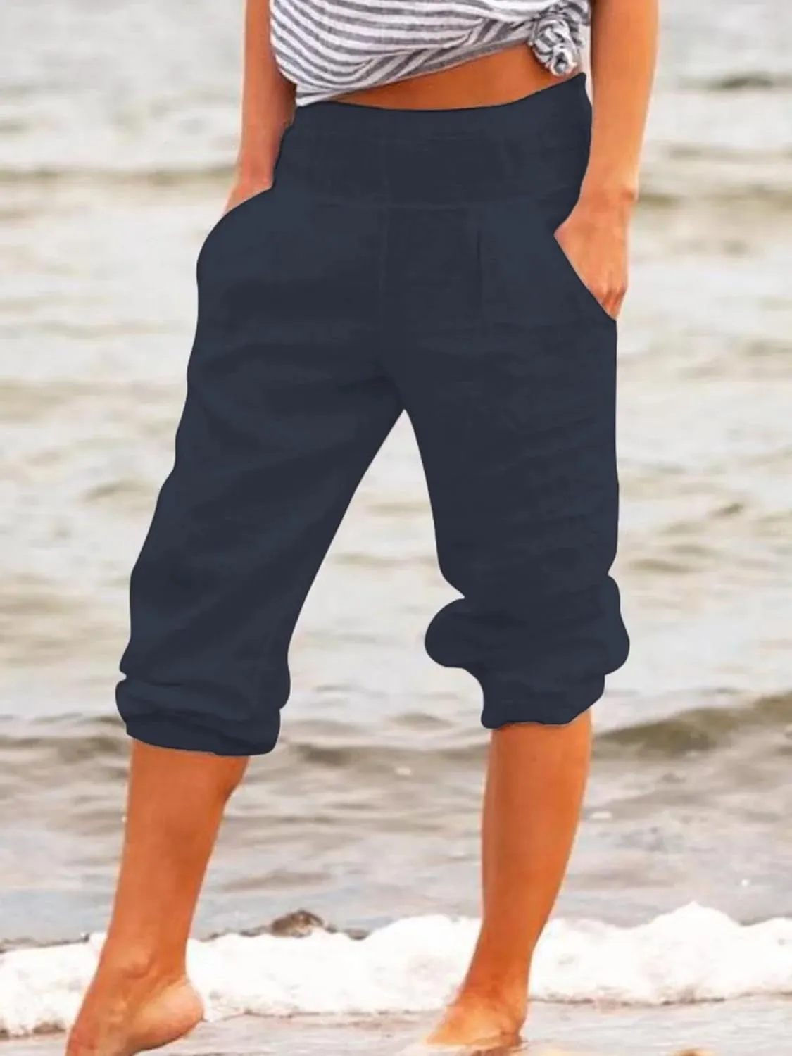 Cotton Linen Capri Pants for Women Casual Summer Loose Comfy Trendy Elastic Waist Cropped Trouser with Pockets