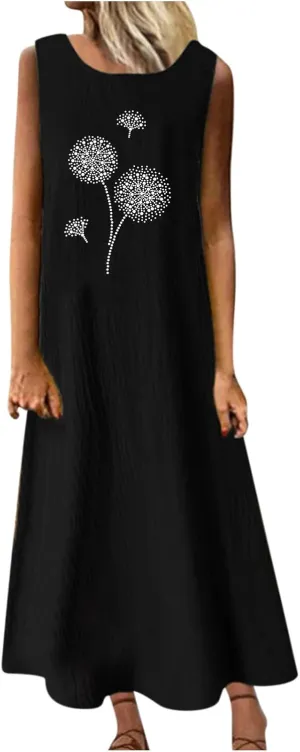 Cotton Linen Summer Maxi Dresses for Women 2025 Vacation Boho Floral Sun Dress Sleeveless Flowy Beach Long Dress