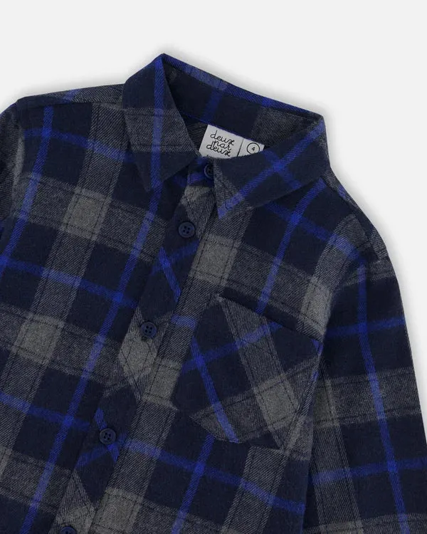Deux Par Deux Plaid Flannel Shirt  G20U13-087  Plaid Blue, Grey & Navy *