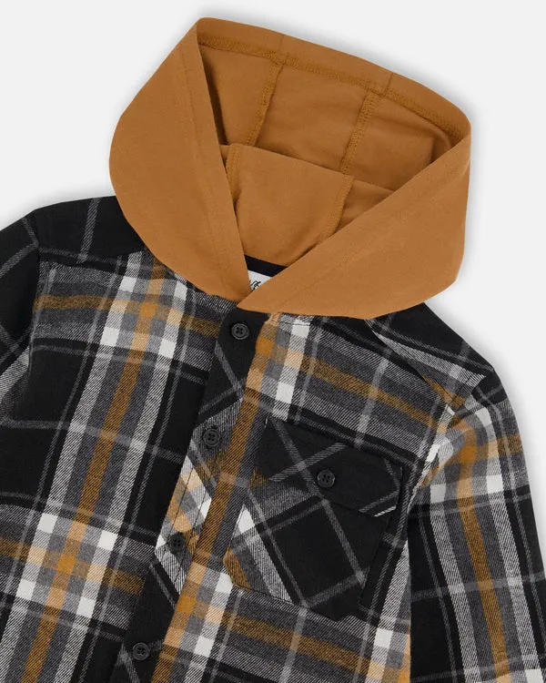 Deux Par Deux Plaid Flannel Shirt With Jersey Hood  G20U14-000  Plaid Black & Tan *