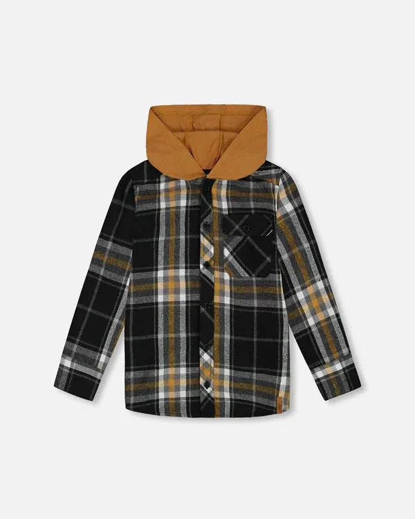 Deux Par Deux Plaid Flannel Shirt With Jersey Hood  G20U14-000  Plaid Black & Tan *
