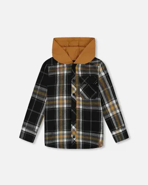 Deux Par Deux Plaid Flannel Shirt With Jersey Hood  G20U14-000  Plaid Black & Tan *