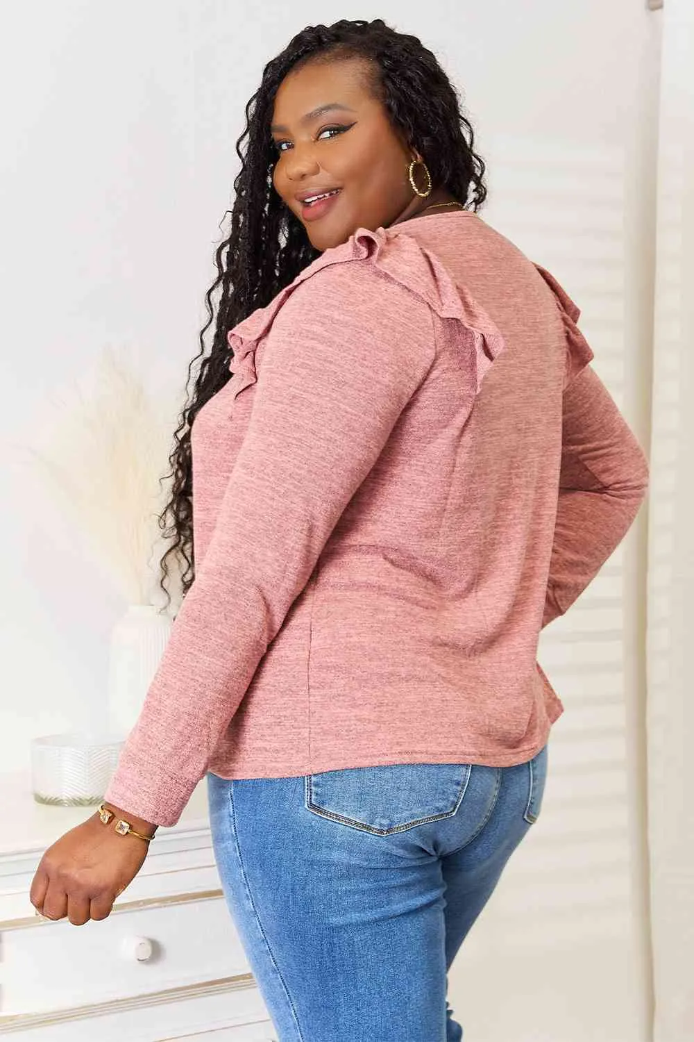 Double Take Square Neck Ruffle Shoulder Long Sleeve T-Shirt - 2 Colors