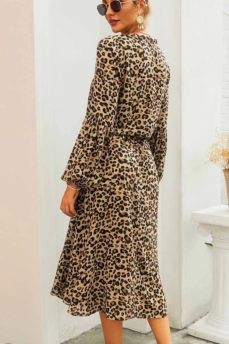 Dunnmall Leopard Print V-neck Elegant Midi Dress