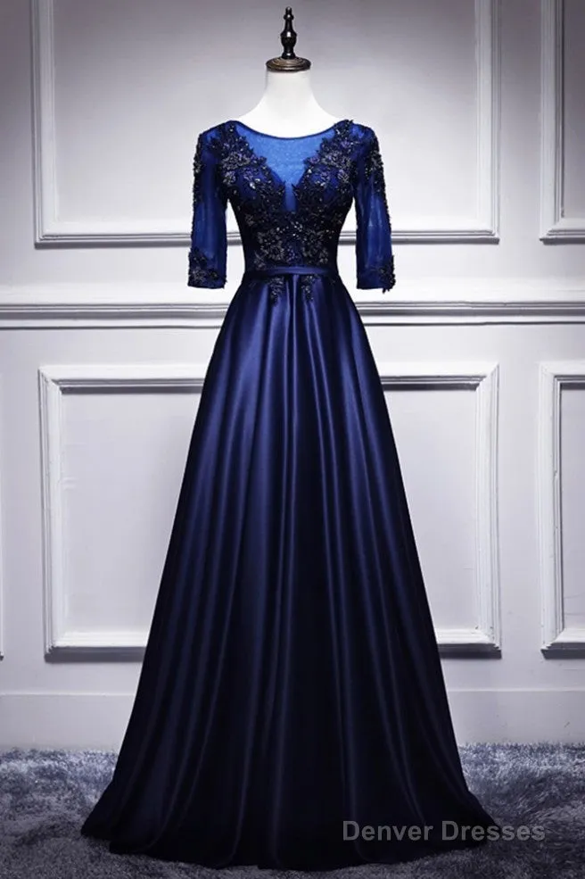 Elegant And Noble Blue Short Sleeved Lace Decal Ball Dress With Blue V-Neck Satin And Beaded Back Zipper And Floor Length Evening Dress