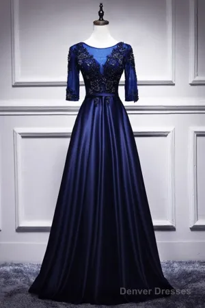 Elegant And Noble Blue Short Sleeved Lace Decal Ball Dress With Blue V-Neck Satin And Beaded Back Zipper And Floor Length Evening Dress