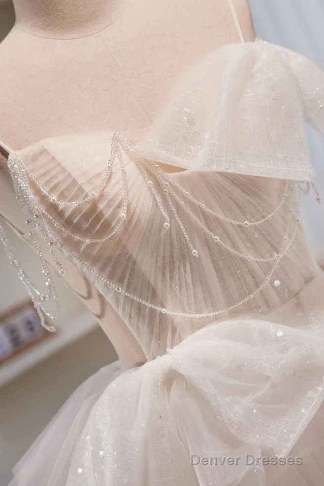 Elegant And Noble Ivory Sleeveless Off Shoulder Beaded Bow Evening Dress Ivory Thin Shoulder Strap Off Back Strap Prom Dress