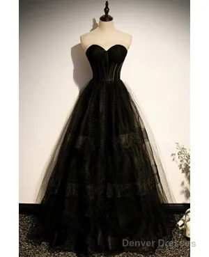 Elegant Black Strapless Sleeveless Ball Dress With Black A-Shaped Princess Sweetheart Backless And Ground Length Evening Dress
