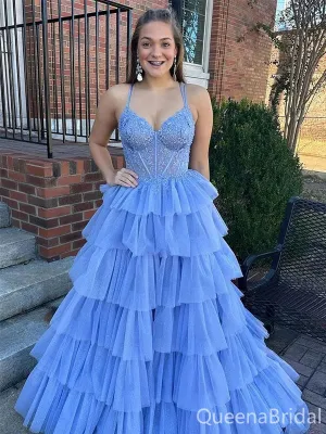 Elegant blue A-line Sweatheart Spaghetti Straps Long Prom Dress to Impress,WGP1734