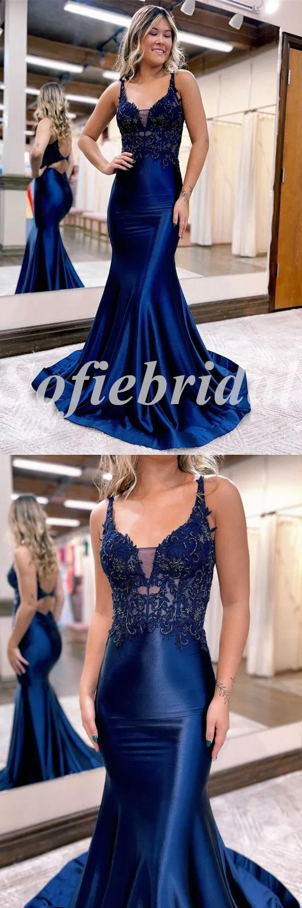 Elegant Satin Spaghetti Straps V-Neck Sleeveless Mermaid Long Prom Dresses With Beading,SFPD0724
