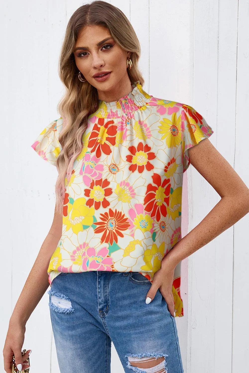 Eyes On Me Floral Flutter Sleeve Mock Neck Blouse