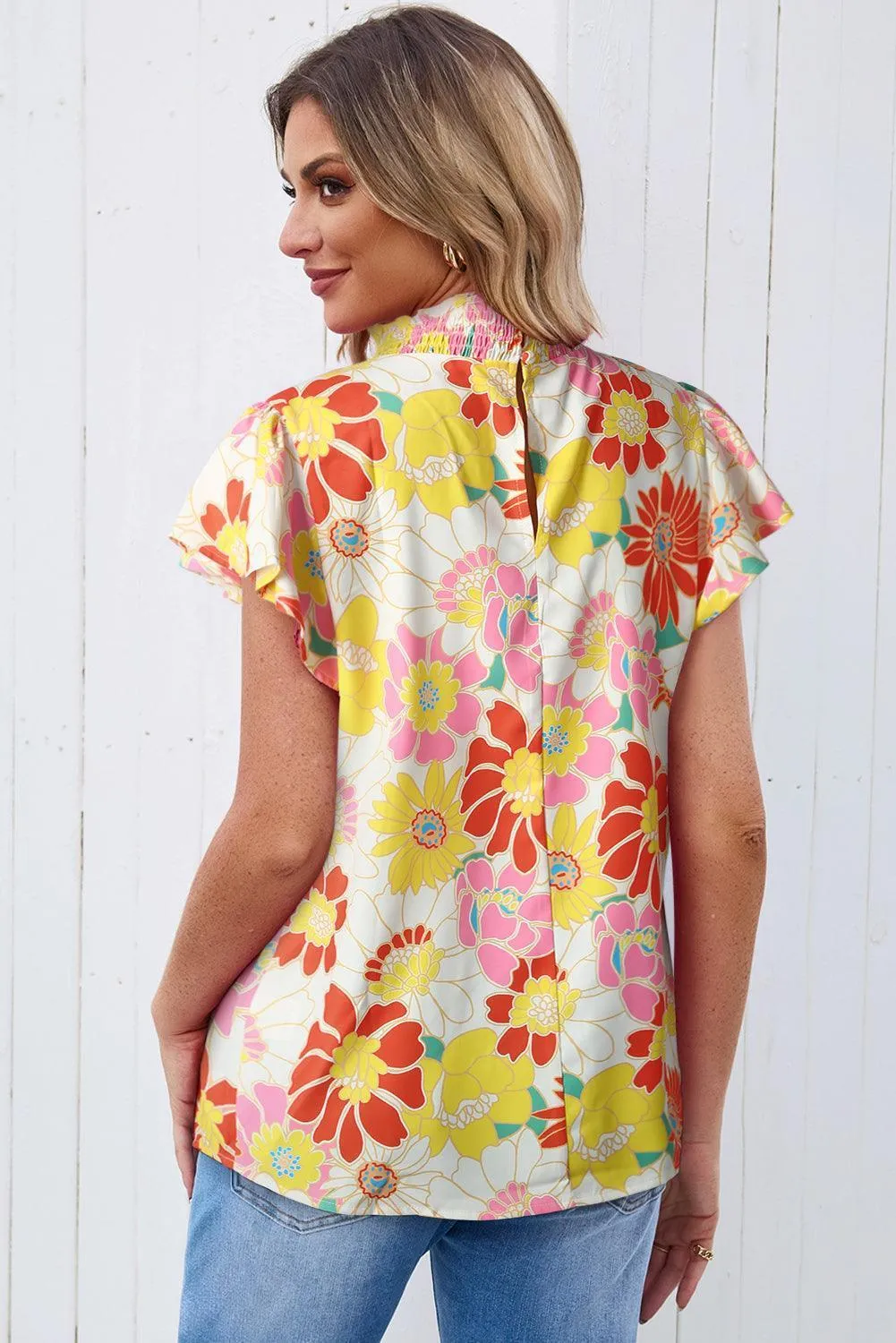 Eyes On Me Floral Flutter Sleeve Mock Neck Blouse