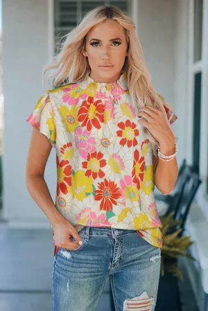 Eyes On Me Floral Flutter Sleeve Mock Neck Blouse