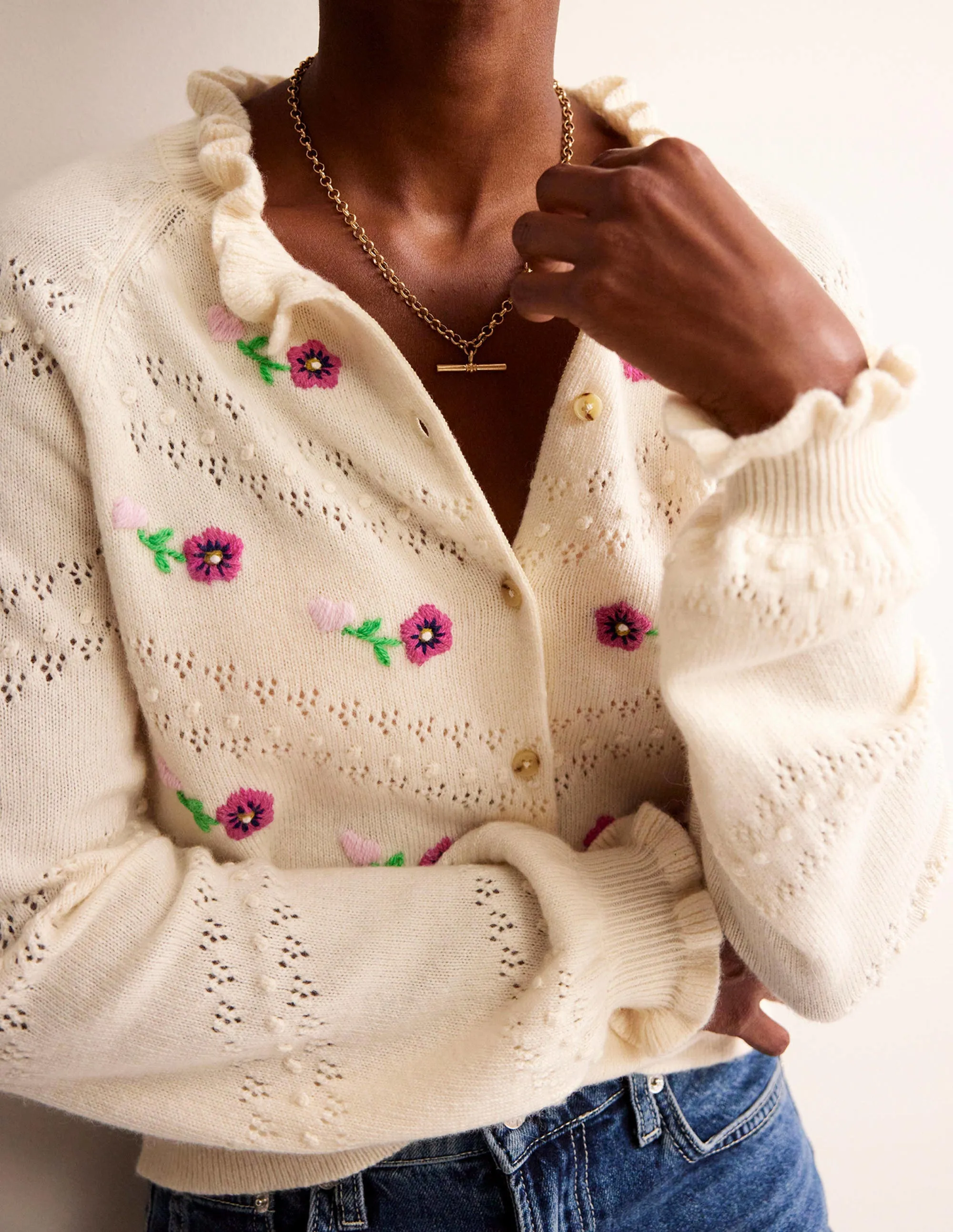 Floral-Embroidered Cardigan-Warm Ivory