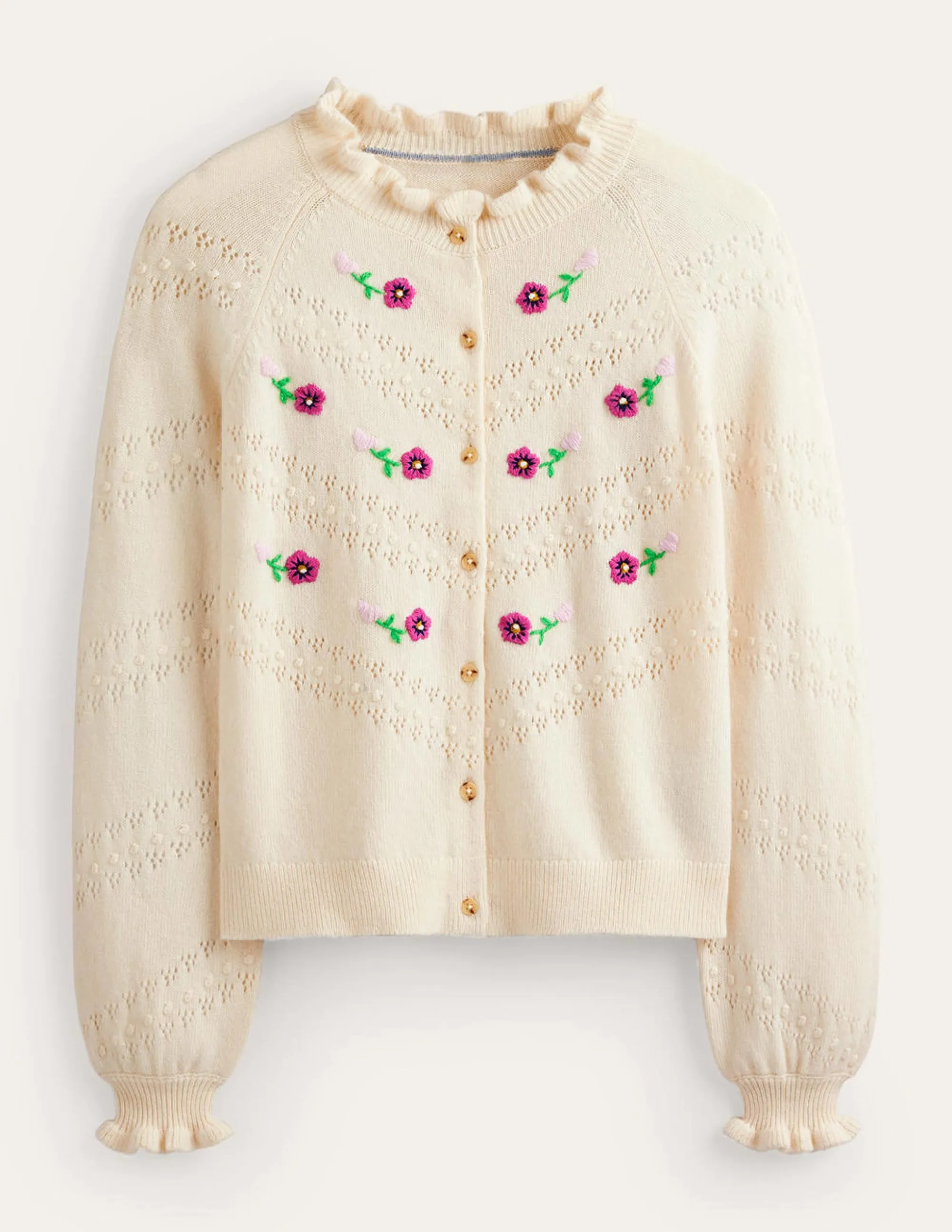 Floral-Embroidered Cardigan-Warm Ivory