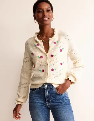Floral-Embroidered Cardigan-Warm Ivory