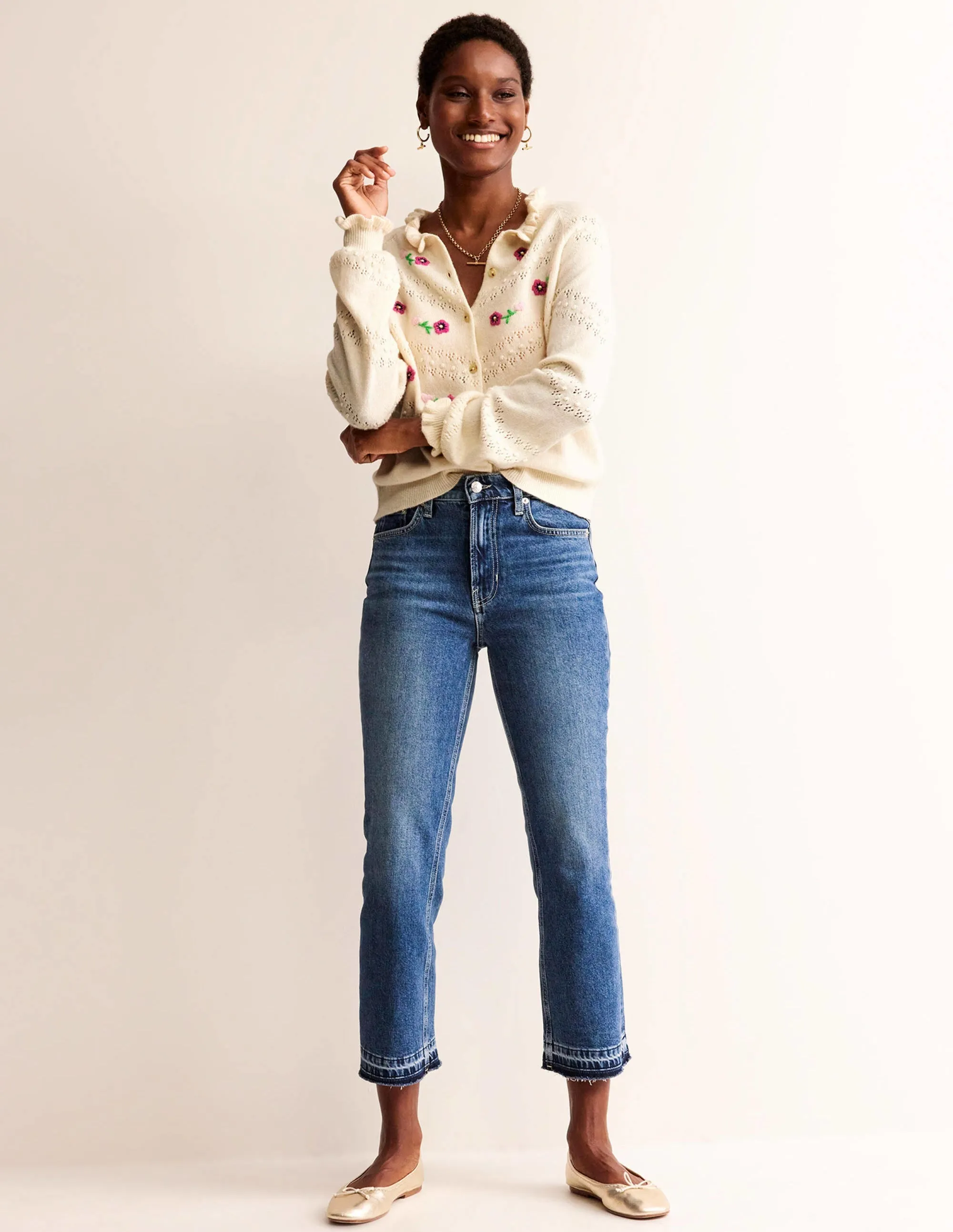 Floral-Embroidered Cardigan-Warm Ivory