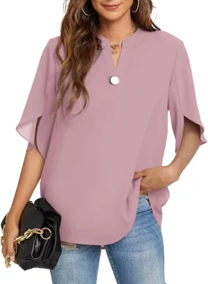 Funlingo Women's Summer Tops Short Sleeve Casual Shirts V Neck Chiffon Dressy Blouse Tops