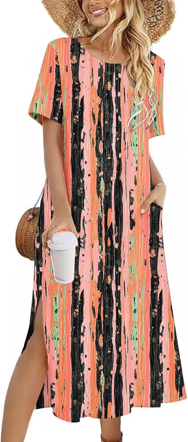 Going Out Dresses for Women 2025 Summer Casual Short Sleeve Midi Dress Floral Print Split Beach Dress with Pockets