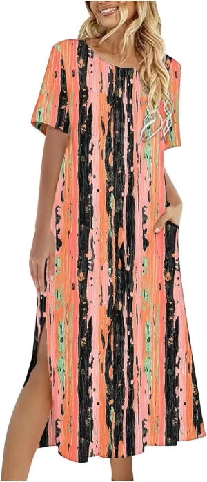 Going Out Dresses for Women 2025 Summer Casual Short Sleeve Midi Dress Floral Print Split Beach Dress with Pockets