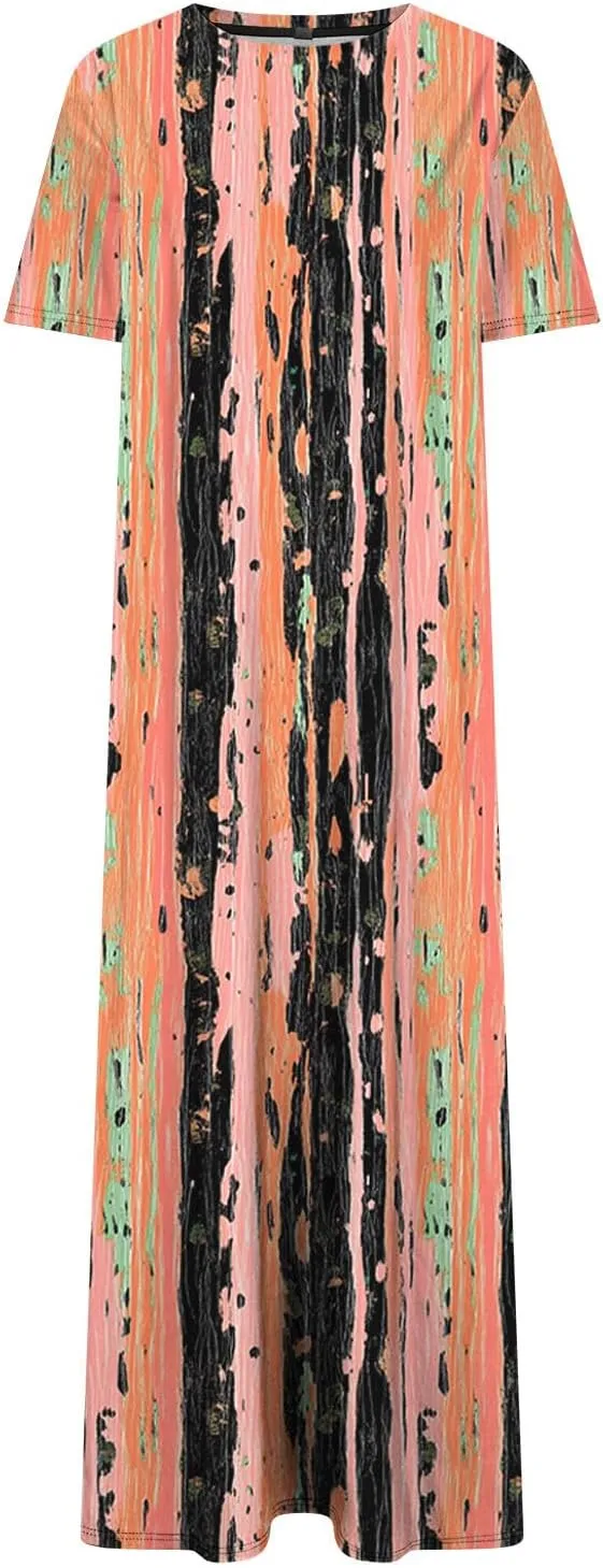 Going Out Dresses for Women 2025 Summer Casual Short Sleeve Midi Dress Floral Print Split Beach Dress with Pockets