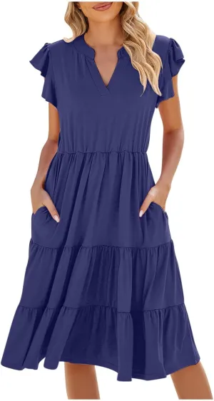 hlysgo Womens Summer Dress Boho Ruffle Sleeve V Neck Peplum Midi Dresses Fashion Casual Loose Flowy Beach Vacation Sundress