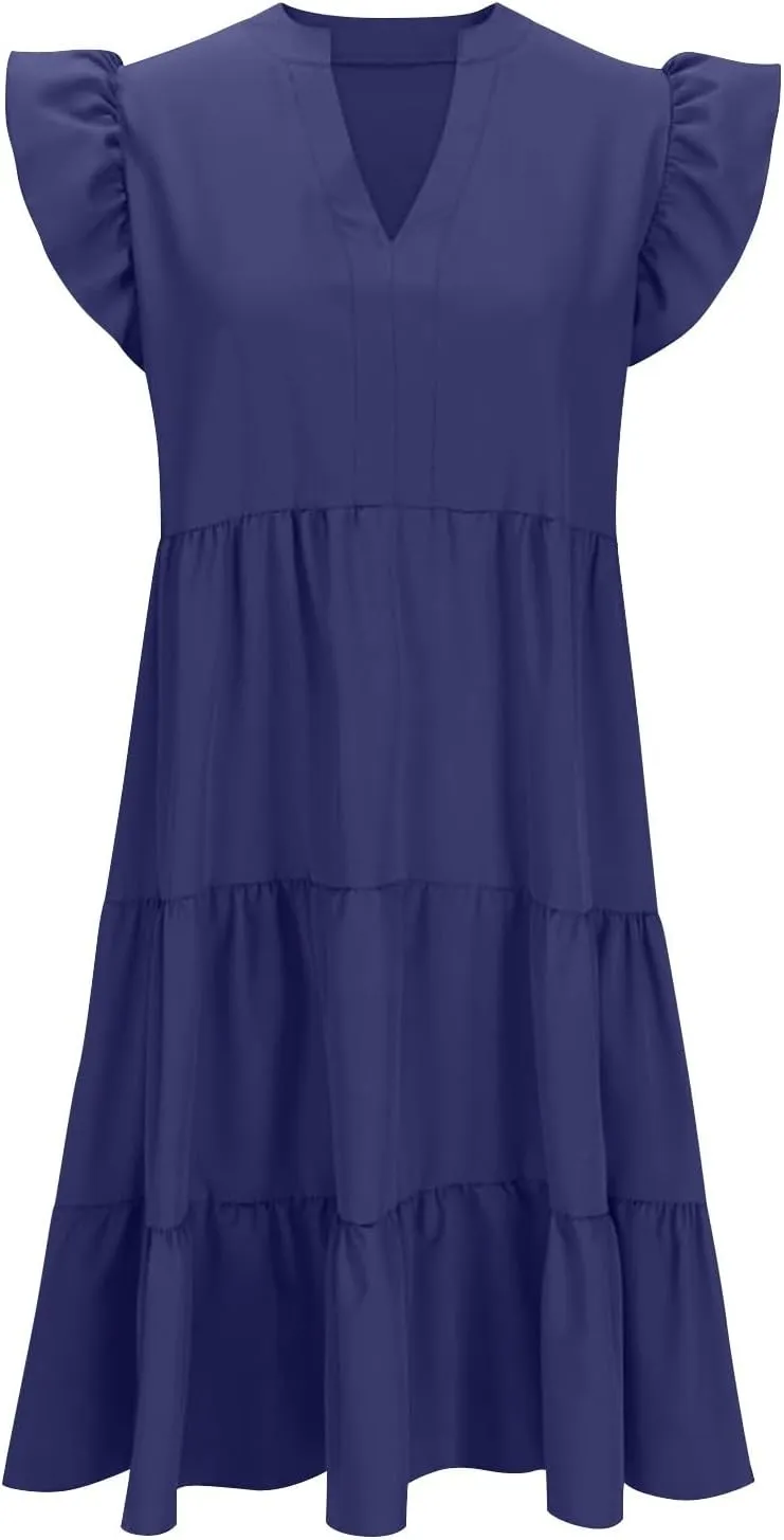 hlysgo Womens Summer Dress Boho Ruffle Sleeve V Neck Peplum Midi Dresses Fashion Casual Loose Flowy Beach Vacation Sundress