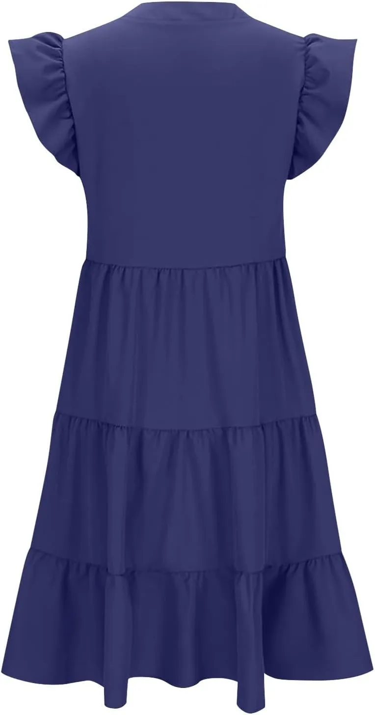 hlysgo Womens Summer Dress Boho Ruffle Sleeve V Neck Peplum Midi Dresses Fashion Casual Loose Flowy Beach Vacation Sundress